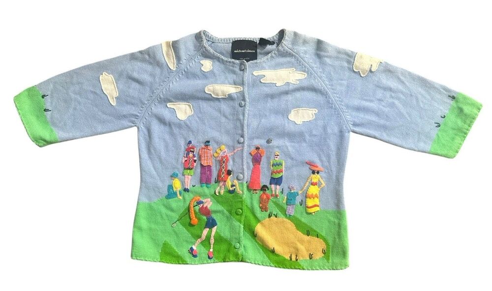 Vintage Michael Simon Golf Cardigan L Embroidered Beaded Novelty Ramie Cotton